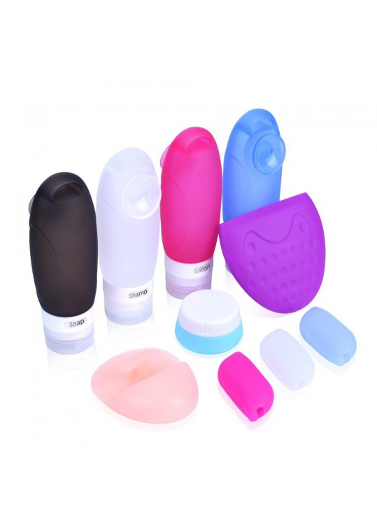 Silicone Travel Containers Kit 4 Liquid Bottles 1 Silicone Facial Clean Brush 1 Cream Jar 3 Toothbrush Covers and 1 Foldable Silicone Cup